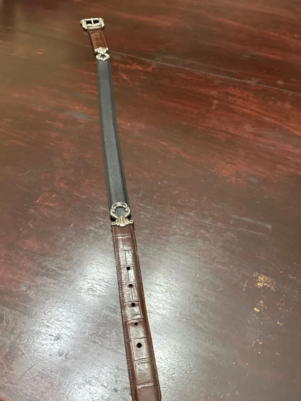 Brighton Brown Leather Belt with Ornate Silver-Tone Buckle set of 2